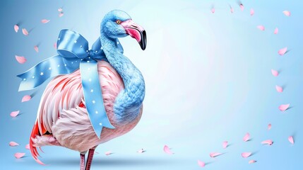   A pink flamingo wearing a blue bow on its head against a light blue backdrop