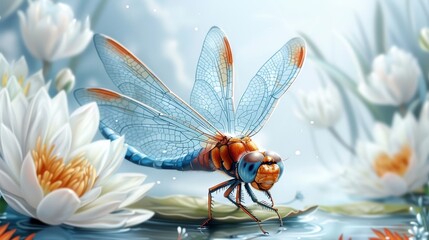   A blue-orange dragonfly perches on a white flower, near a serene body of water teeming with water lilies