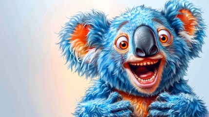   A painting of a blue koala with orange eyes, large smile