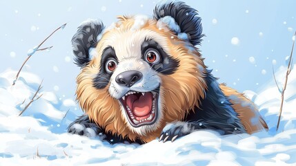   A panda bear lies in the snow with its mouth open
