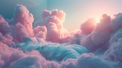 Dreamlike bed with cloud formation as bedding, conceptual comfort and rest - obrazy, fototapety, plakaty