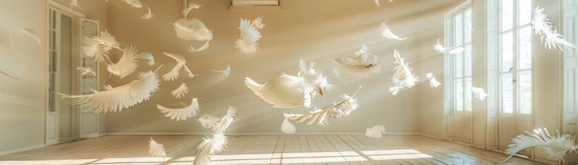 Dreamy indoor scene with soft white feathers floating weightlessly in a room bathed in natural light - obrazy, fototapety, plakaty