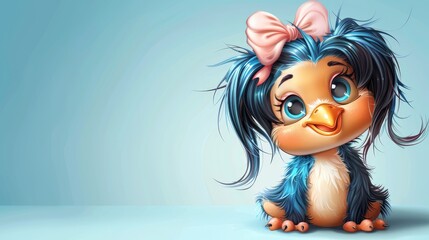   A cartoon bird with blue hair and a pink bow, sits on a blue surface against a light blue background