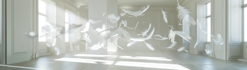 Dreamy indoor scene with soft white feathers floating weightlessly in a room bathed in natural light