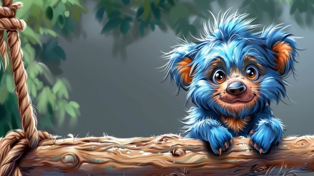   A painting of a blue dog seated on a tree branch, holding a rope in the foreground Behind the dog lies a vast forest