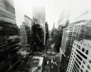 Abstract monochrome cityscape with blurred distortion, reflecting urban speed and motion