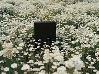 Conceptual anomaly with a lone black square amid a white daisy field, symbolizing uniqueness and contrast - obrazy, fototapety, plakaty