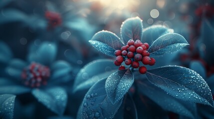   A red berry, in focus, sits atop a green leafy plant Dewdrops glisten on its leaves