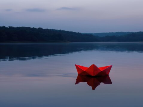 Dreamlike paper boat floating on a still lake, casting a reflection in a twilight haze