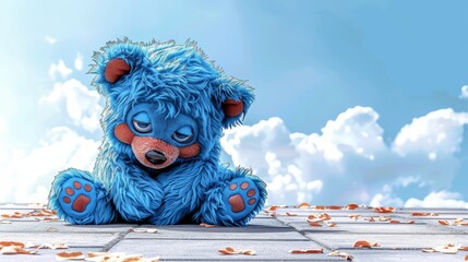   A blue  bear sits on a blue tile floor Leaves scatter the ground before a blue backdrop with white, fluffy clouds