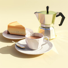 Modern Minimalist Coffee Break with Cheesecake and Espresso Maker