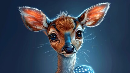   Digital painting of a baby deer gazing at the camera with blue spots on its face and ears
