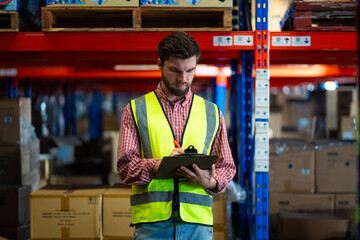 A man in a yellow vest is writing on a clipboard in a warehouse. Concept of organization and...