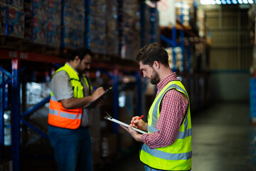 Two men in orange vests are checking inventory in a warehouse. One of them is writing on a clipboard