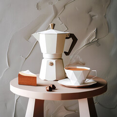Contemporary Moka Pot and Geometric Cup on a Modern Table Setup - 783919137