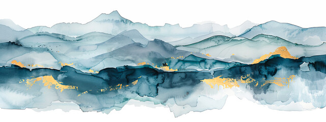 Serene Blue and Gold Watercolor Mountain Landscape - obrazy, fototapety, plakaty