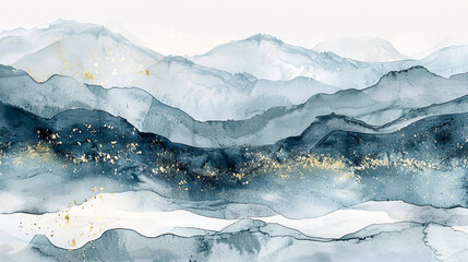 Ethereal Blue Mountain Range Watercolor with Gold Accents - 783919171