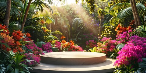 Fototapeta na wymiar Round Podium in Tropical Garden, Lush Foliage and Bright Tropical Flowers, Dusk Setting