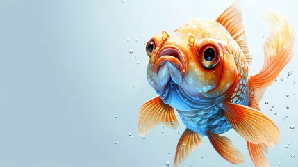Fotobehang   Close-up of goldfish beside bubbles of water and a blue sky background © Jevjenijs