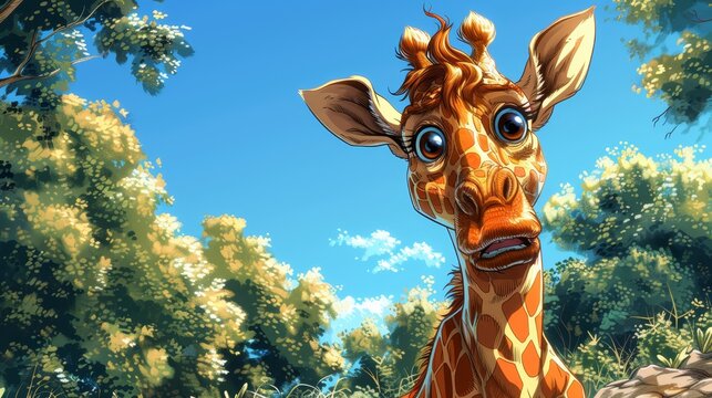   A giraffe in close-up, surrounded by tall grasses and trees, beneath a vast, blue sky