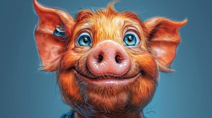   A tight shot of a pig's face with blue eyes and a broad grin