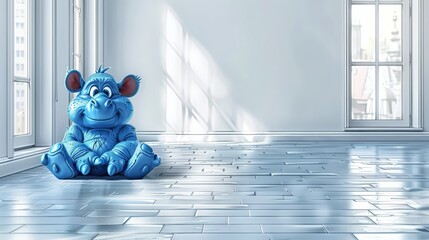   A blue stuffed animal sits atop a tiled floor, adjacent to a window in a room with white walls - obrazy, fototapety, plakaty