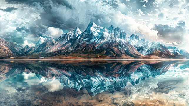 Majestic Snow-Capped Mountain Peaks Reflection in Crystal Lake