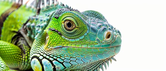   A green iguana's head and neck, closely framed against a white backdrop of cloud-filled sky
