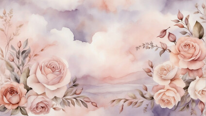 Romantic watercolor backdrop with hues of blush pink, antique rose, and soft lavender, reminiscent of a vintage love letter under a cloudy sky.