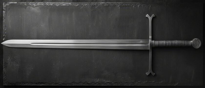  large sword against black backdrop, knife embedded midway