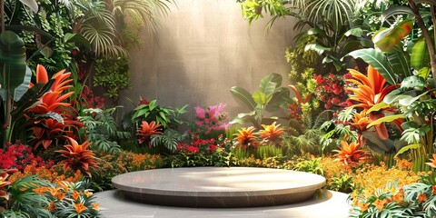 Fototapeta na wymiar Elegant Podium on Terrace with Exotic Plants and Colorful Flowers, Evening Ambiance