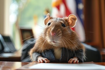 Rat sitting at a desk with the US in a suit. Generative Ai