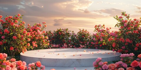 High-End Round Podium in Lush Rose Garden, Dense Floral Arrangement, Soft Evening Light