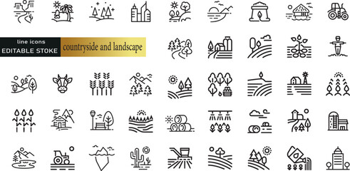 Line icons about countryside and landscape. Thin line icon set. Symbol collection in transparent background. Editable vector stroke