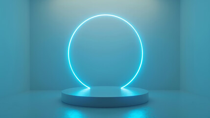 Craft a sleek, minimalistic light blue backdrop accented by a radiant circular neon glow,