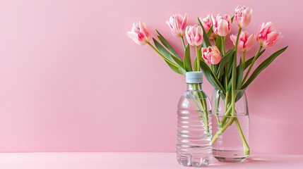 Sports bottle of water and bouquet of tulip flower - Powered by Adobe
