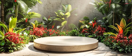Luxury Round Podium in Serene Garden with Lush Plants and Vibrant Flowers, Soft Lighting