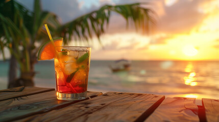 Cocktail glass on tropical beach evening, close up portrait with ocean, sunset and palm leaves