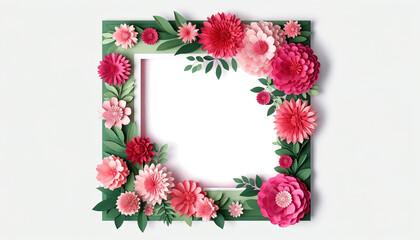 A paper floral frame in shades of pink and red with green foliage accents, perfect for romantic, spring, or celebratory themes.