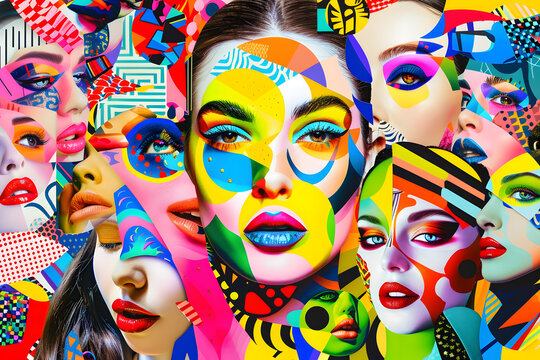 Illustration of female facial with many colorful elements in puzzle collage style. Concept of Fashion Magazine