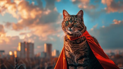 A heroic cat clad in a vibrant red superhero costume, standing proudly atop a towering city building against the backdrop of a bustling metropolis. - obrazy, fototapety, plakaty