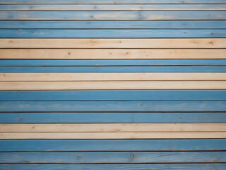 It has a top view of the sandy beach and marine blue planks pier. Background with copy space and visible sand and wood texture