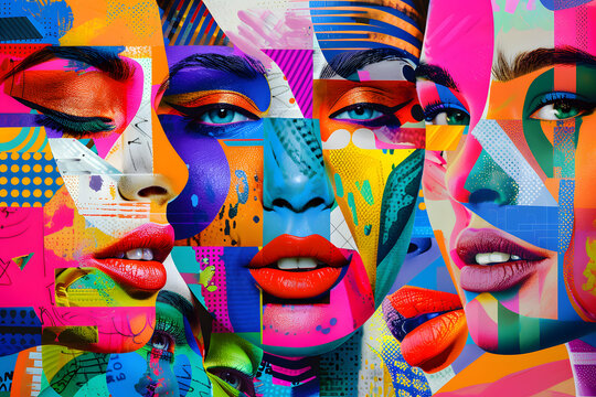 Illustration of female facial with many colorful elements in puzzle collage style. Concept of Fashion Magazine