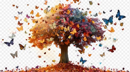  An enchanting woodland landscape featuring a stunning autumn tree with a richly textured bark, set against a backdrop of fluttering butterflies in various shades of orange, yellow, and red.