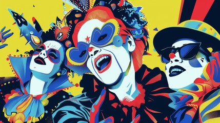 Colorful Pop Art Illustration of Eclectic Clowns with Retro Vibe