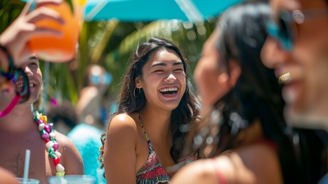 Joyful Summer Pool Party with Friends Laughing and Enjoying Drinks