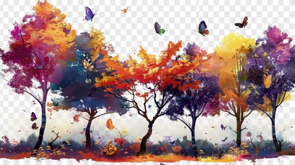 An enchanting forest landscape featuring towering trees painted in a spectrum of vivid colors, their branches alive with the graceful dance of colorful butterflies against a clean white canvas. 