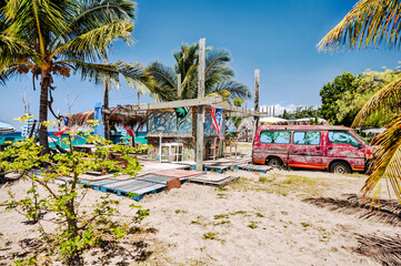 Charlestown, St Kitts and Nevis - March 28, 2028: A colourful beachside bar outside of Charlestown on the island of Nevis
