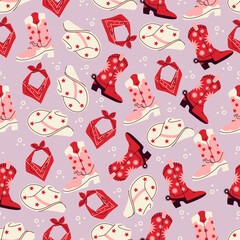 Flat vector illustration of wild west style seamless pattern. Cowboy hat, cowboy boots. Cute pattern.