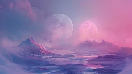 Dreamlike alien landscape with dual moons - A fantastical digital artwork exhibiting a serene moonlit alien landscape with dual moons in a pink-hued sky - obrazy, fototapety, plakaty